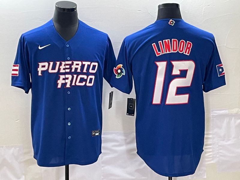 Men 2023 World Cub Puerto Rico 12 Lindor Blue Nike MLB Jersey7